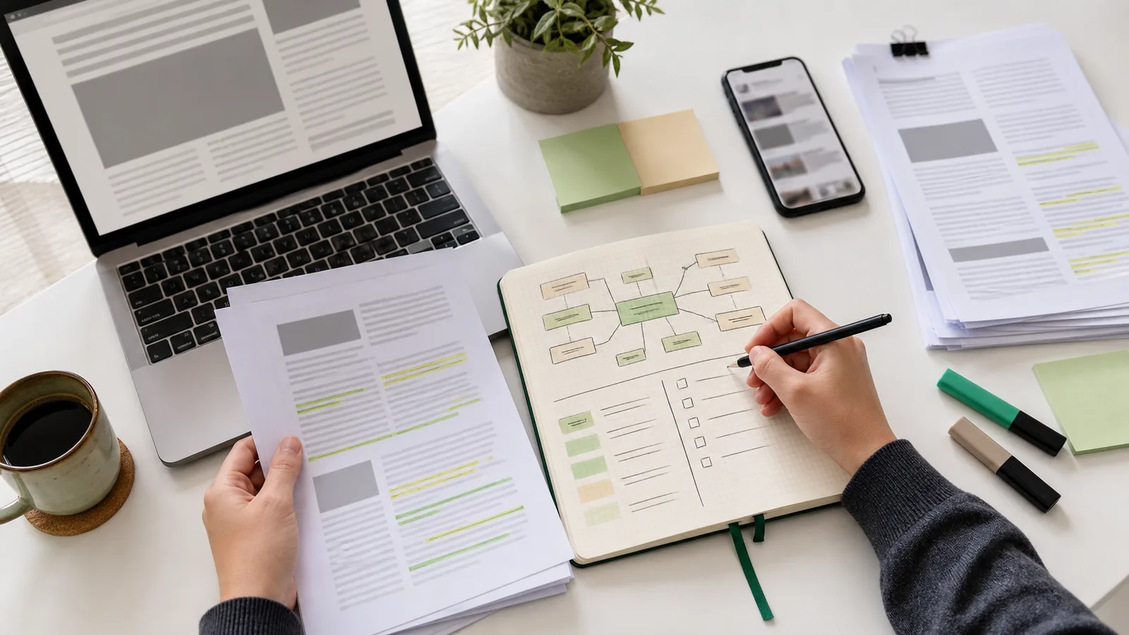Estratega de contenidos revisando fuentes de actualidad y creando un esquema propio para un artículo ecommerce sin copiar la noticia original.