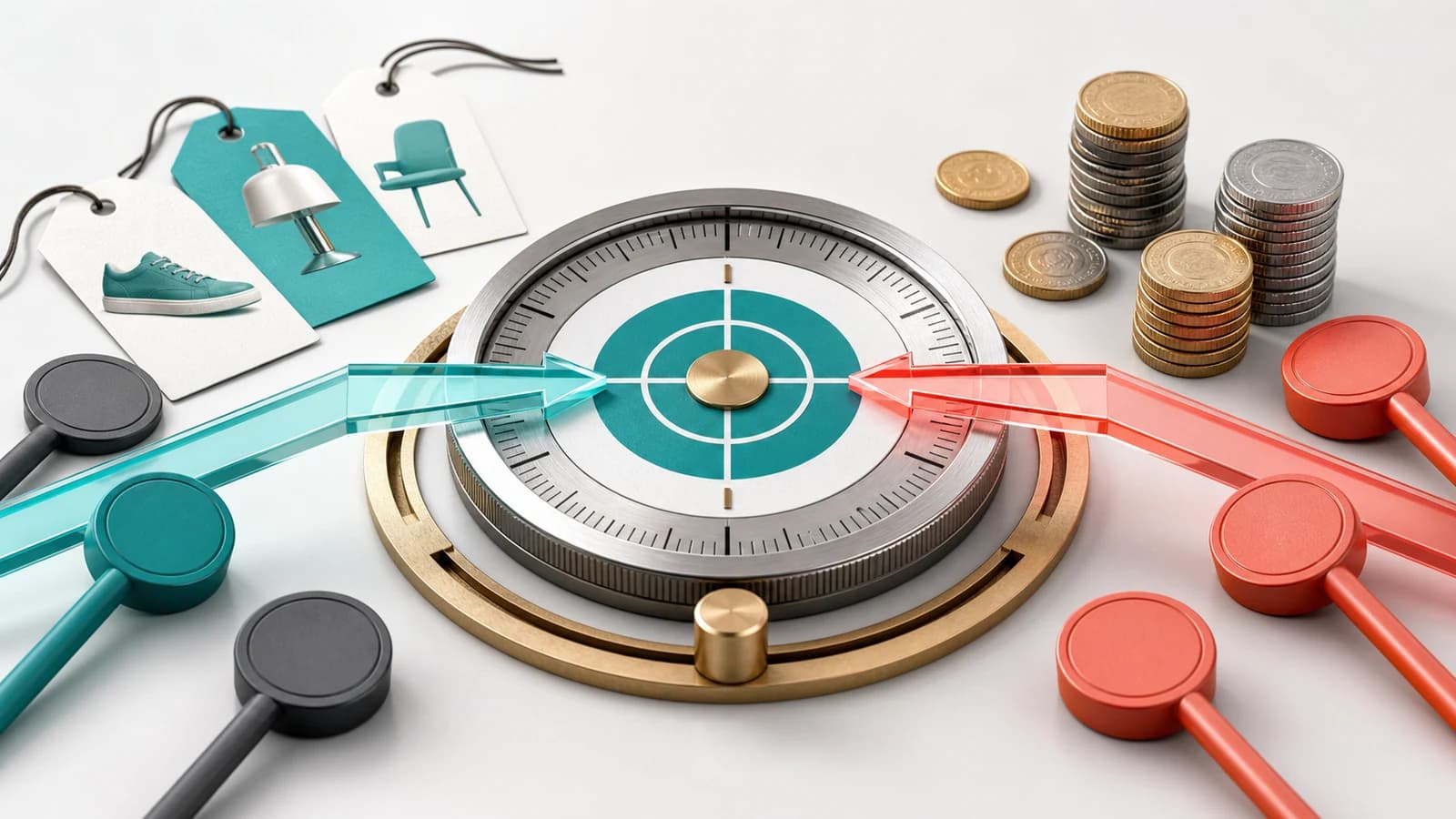 Dial mecánico de pujas con flechas de colores, etiquetas de producto y monedas que representan objetivos de ROAS y presupuesto en campañas ecommerce.