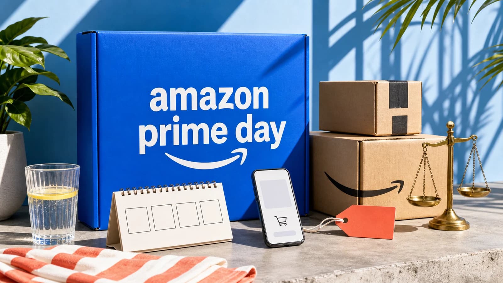 Caja azul de Amazon Prime Day junto a paquetes, un calendario de cuatro días, un móvil, una etiqueta y una balanza bajo luz de verano.