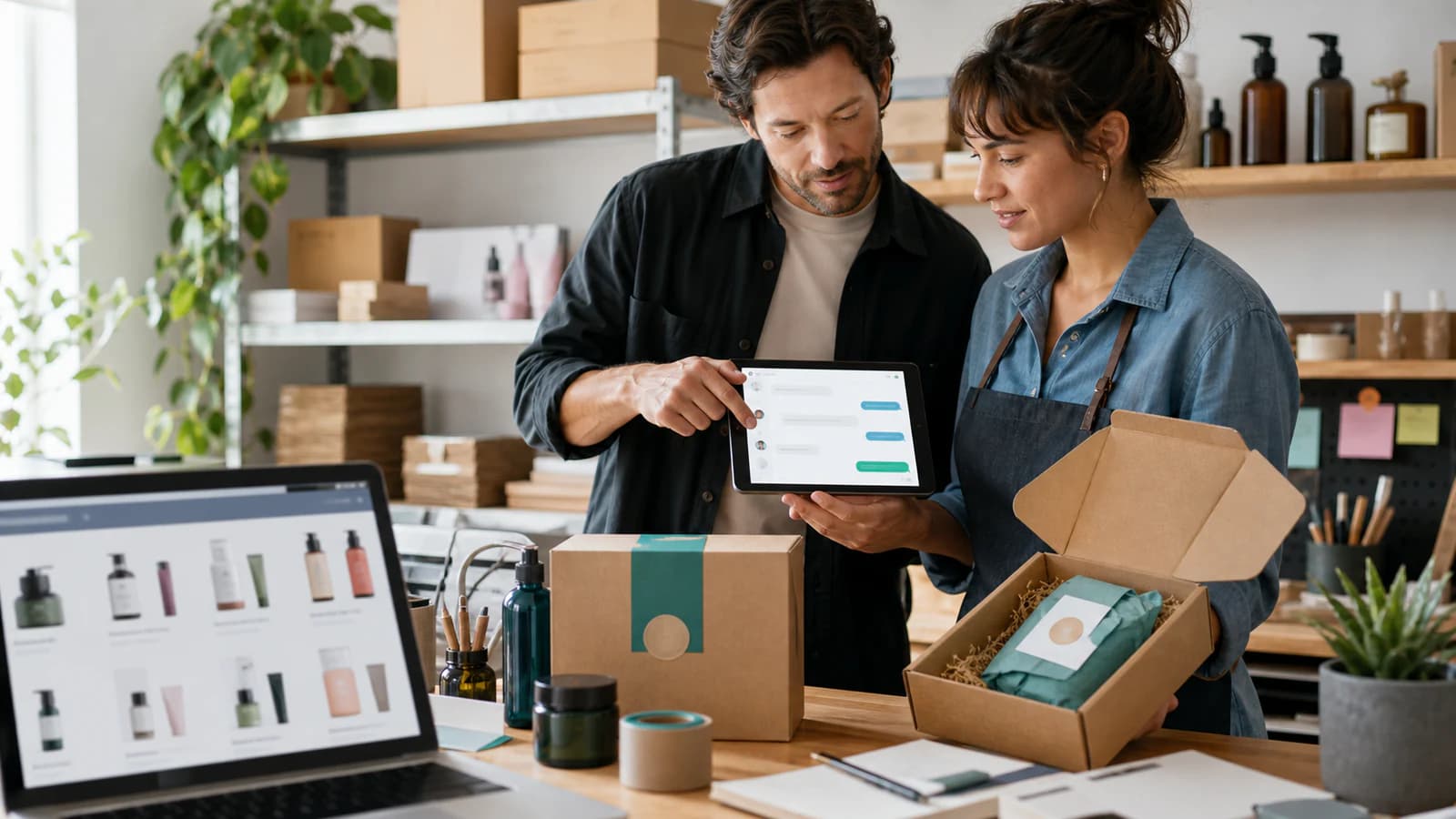 Equipo de una marca online preparando un pedido recibido desde una conversación de compra con inteligencia artificial.