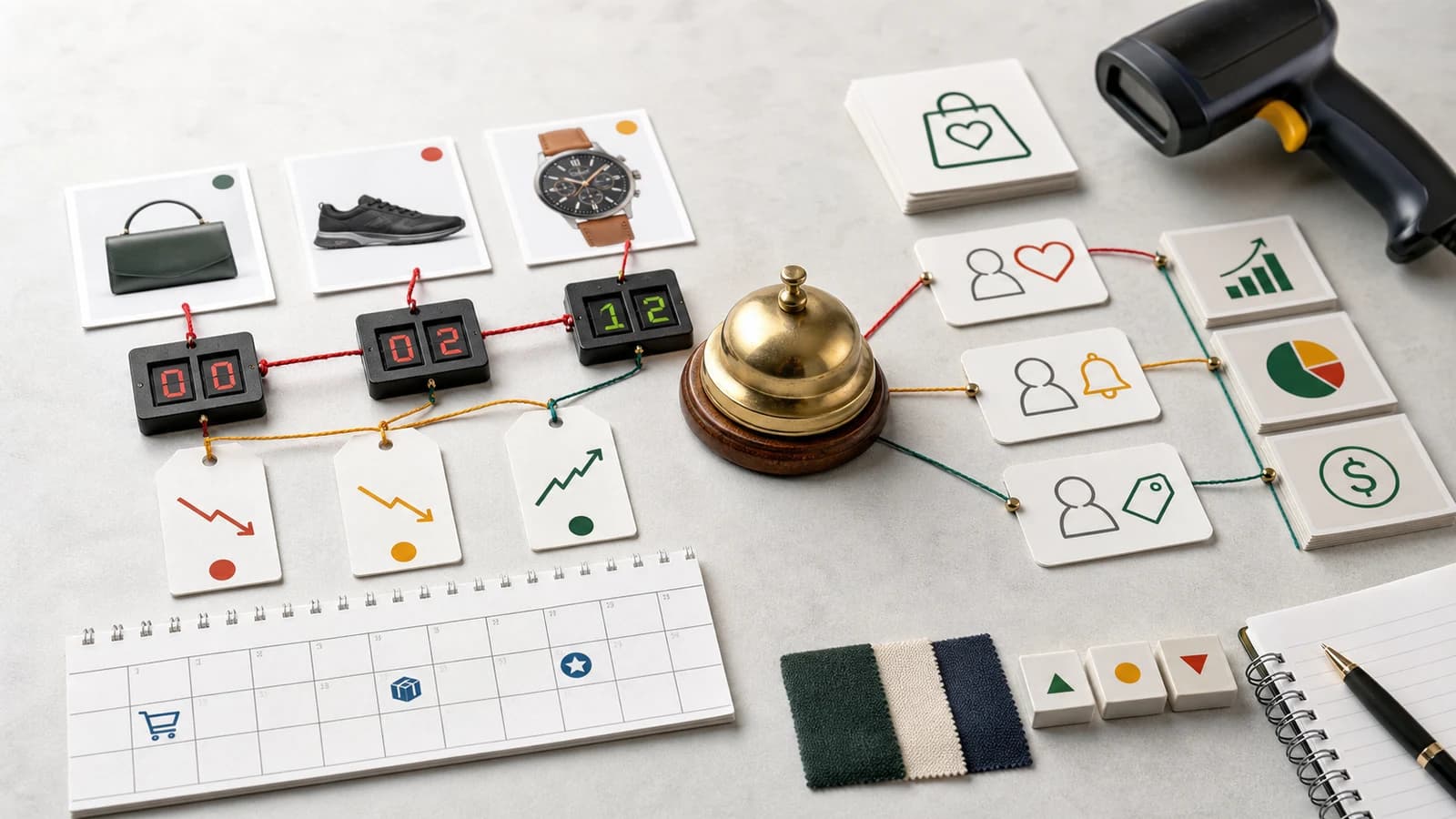 Mesa editorial con campana, tarjetas de producto, contadores de stock, señales de wishlist, precio y margen para planificar alertas ecommerce.