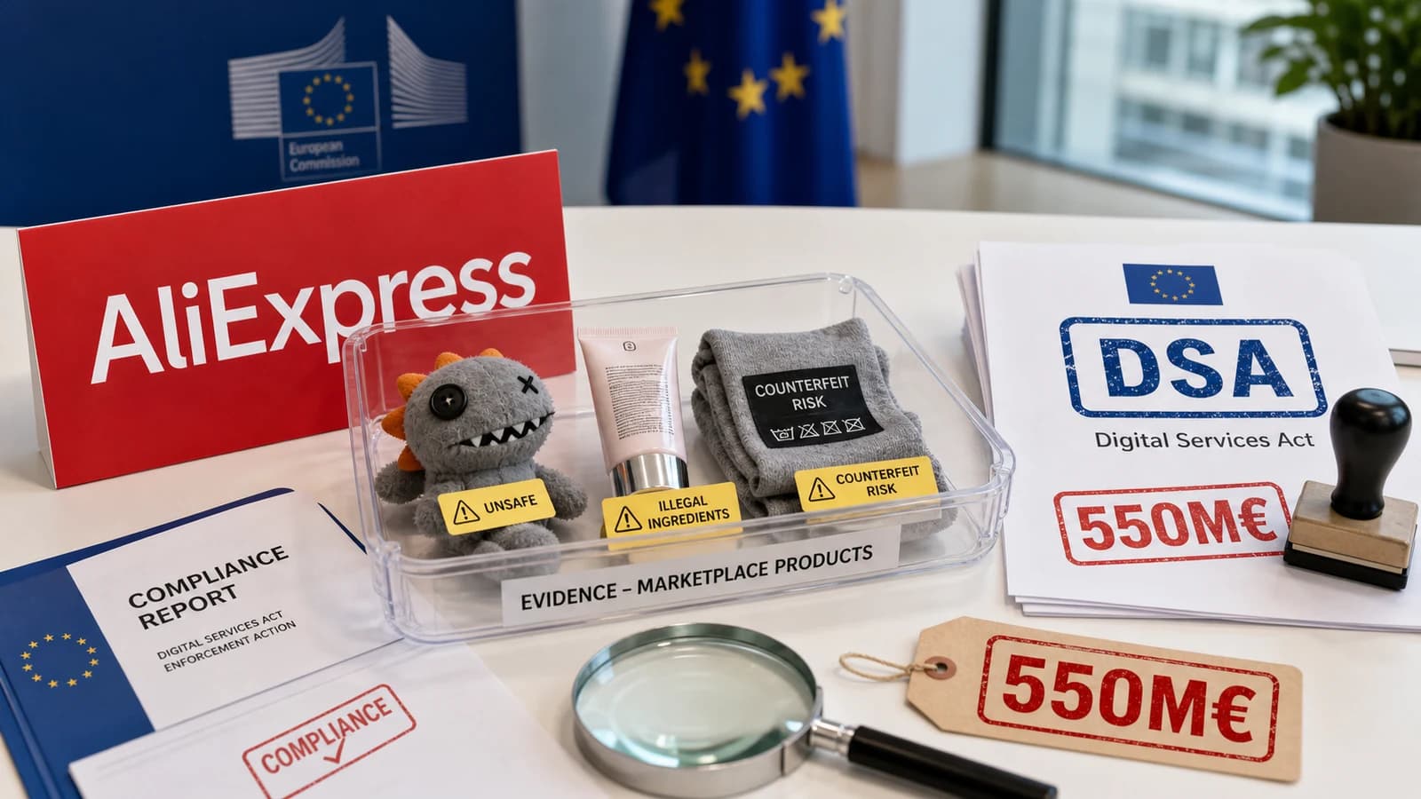 Mesa de inspección regulatoria con rótulo AliExpress, sello DSA, cifra 550M€ y productos señalados por riesgo de seguridad.