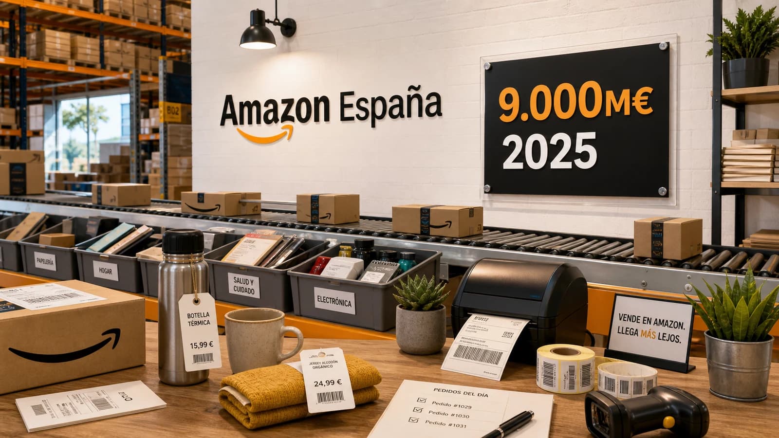 Escena editorial de Amazon España con centro logístico, mesa de seller, rótulo Amazon España y placa 9.000M€ 2025.
