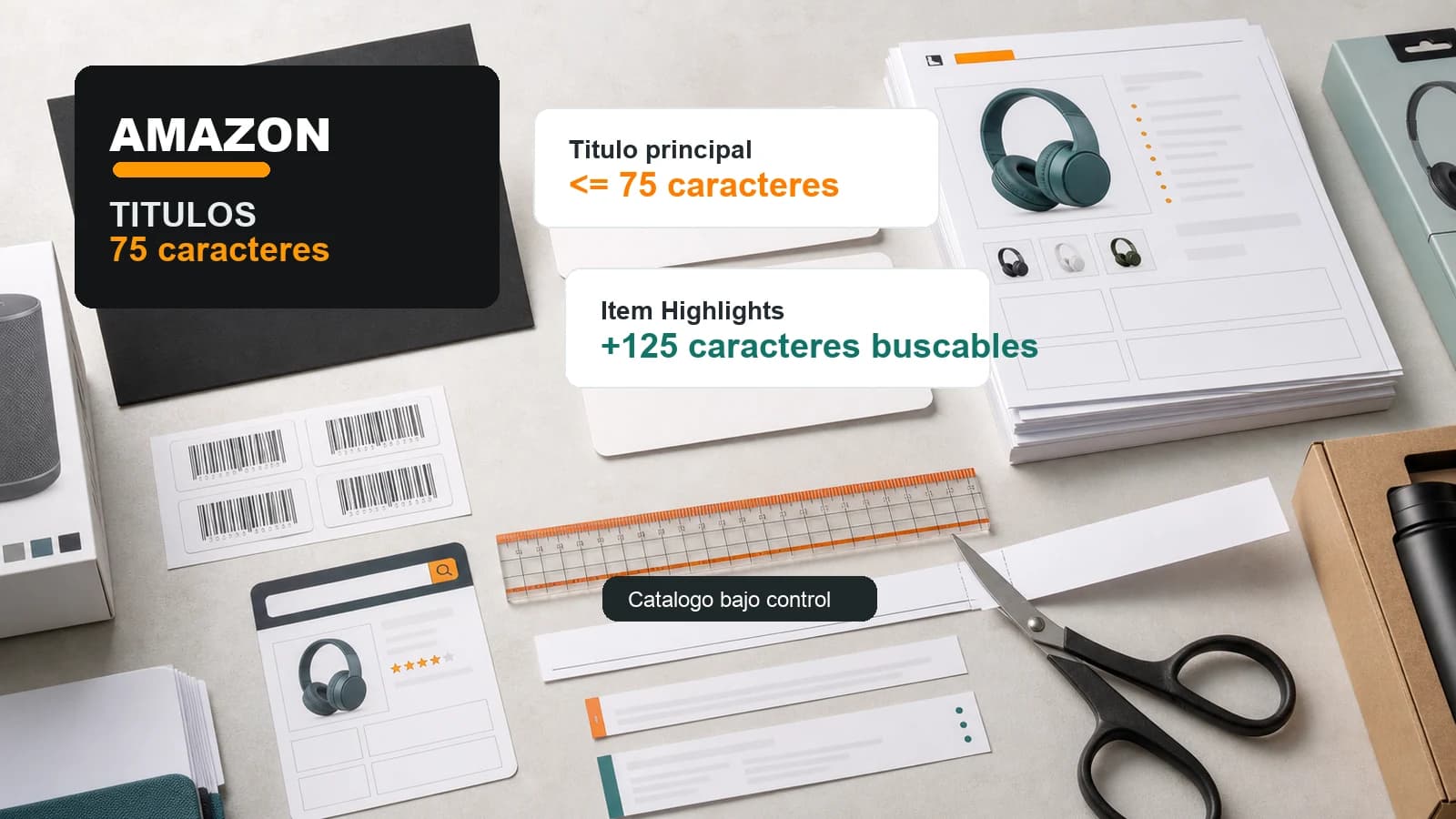 Mesa editorial de catálogo Amazon con tarjetas de título principal de 75 caracteres, Item Highlights de 125 caracteres, regla y fichas de producto.