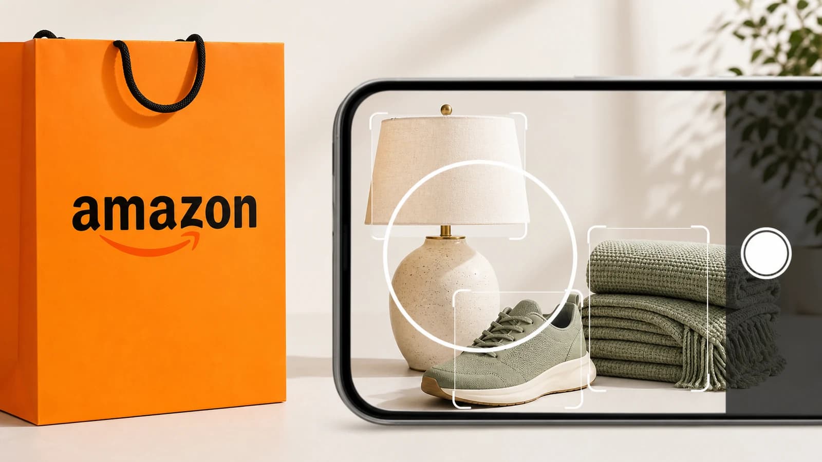 Bolsa naranja de Amazon junto a una cámara móvil que reconoce una lámpara, una zapatilla y varios tejidos mediante búsqueda visual.