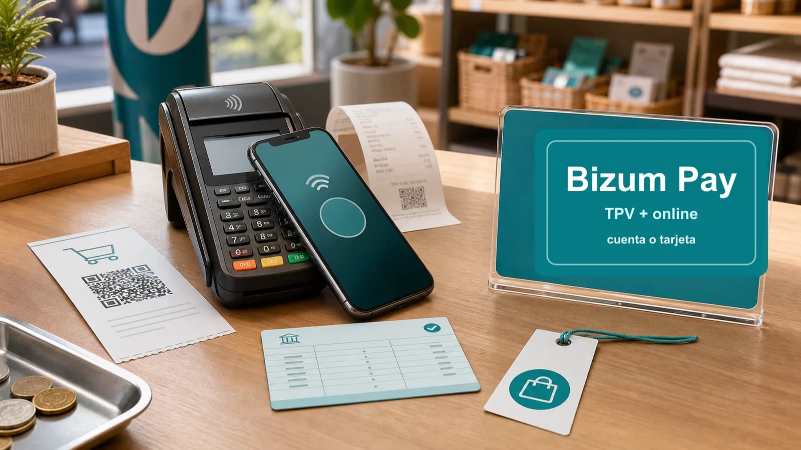 TPV de tienda fisica con movil, recibo, etiqueta de recogida ecommerce y rotulo Bizum Pay para explicar el salto del pago online al punto de venta.