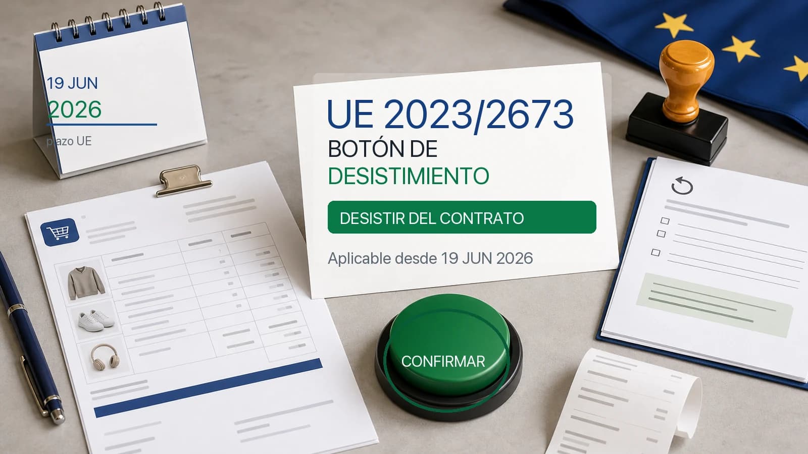 Mesa editorial de normativa ecommerce con rótulo UE 2023/2673, botón de desistimiento, fecha 19 JUN 2026 y documentos de pedido online.