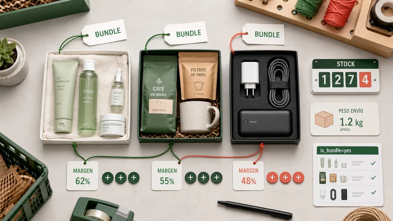 Mesa editorial con tres bundles ecommerce, tarjetas de margen, contador de stock, peso de envio y panel is_bundle=yes para planificar packs rentables.