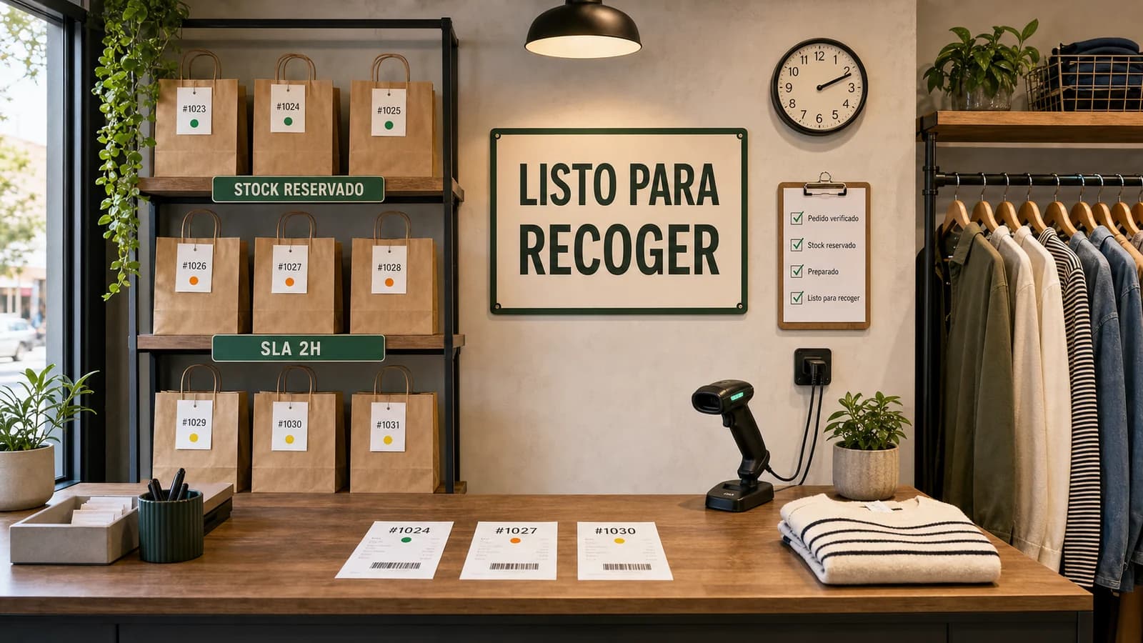 Mostrador editorial de click and collect ecommerce con bolsas reservadas, rotulos LISTO PARA RECOGER, STOCK RESERVADO y SLA 2H, reloj y lector de codigos.