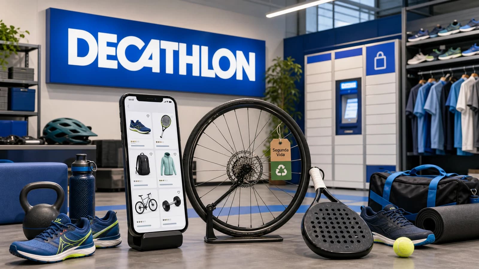 Escena editorial de Decathlon con rótulo de marca, móvil de marketplace deportivo, rueda reacondicionada Segunda Vida y punto de recogida omnicanal.