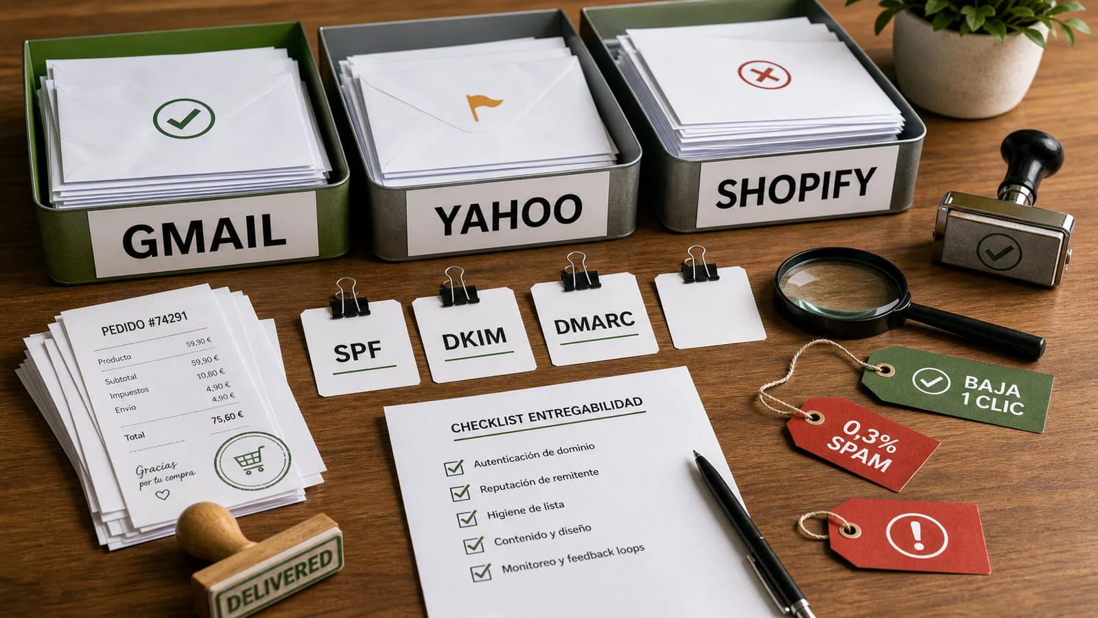 Mesa editorial de entregabilidad email ecommerce con bandejas GMAIL, YAHOO y SHOPIFY, tarjetas SPF, DKIM, DMARC, etiqueta 0,3% SPAM y baja 1 clic.