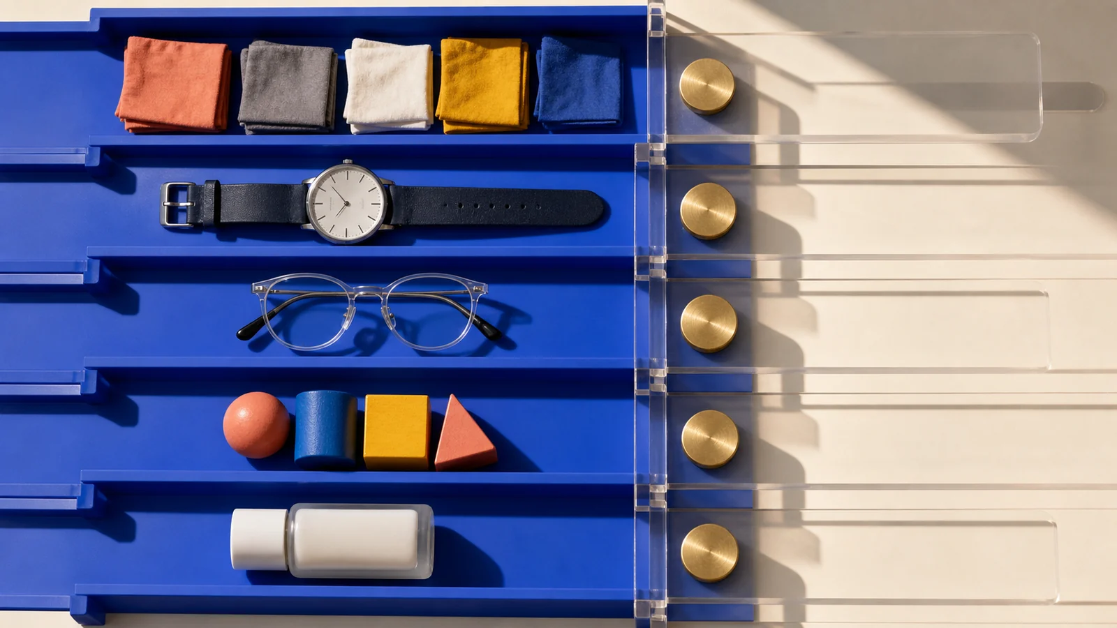 Bandejas azules separan textiles, un reloj, unas gafas, un juguete y un cosmético junto a una ficha metálica por categoría.