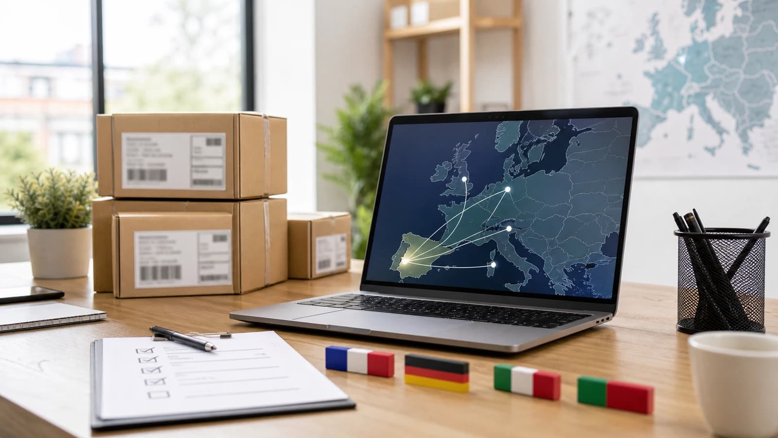 Mesa de operaciones ecommerce con paquetes, mapa europeo y rutas desde España hacia Francia, Alemania, Italia y Portugal.