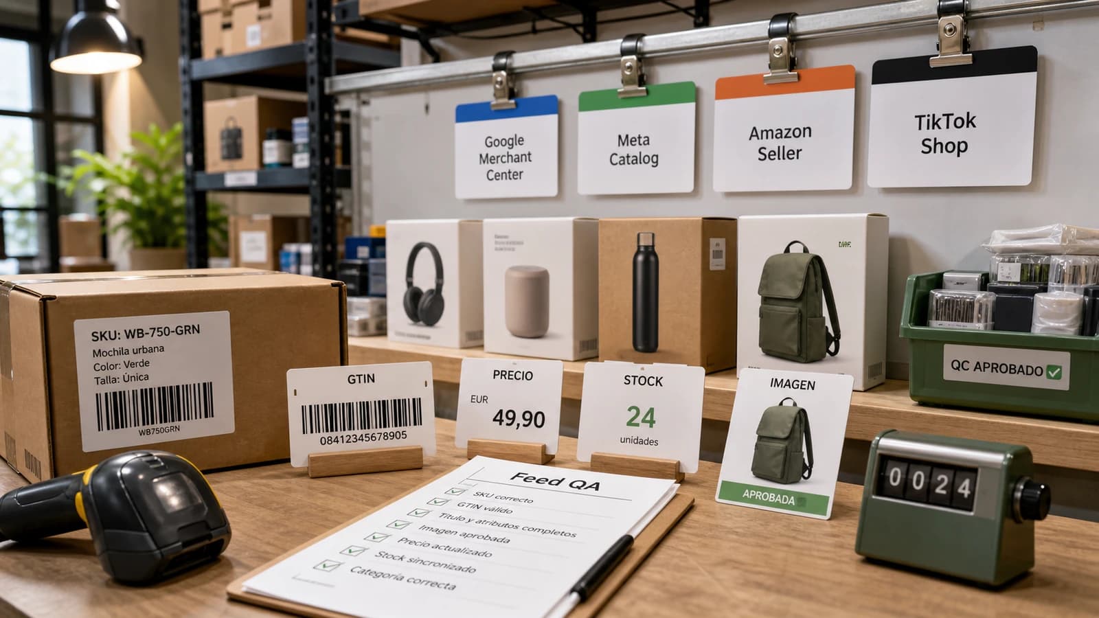 Estación de control de feed de productos ecommerce con etiquetas de Google Merchant Center, Meta Catalog, Amazon Seller y TikTok Shop, SKU, GTIN, precio, stock e imagen aprobada.