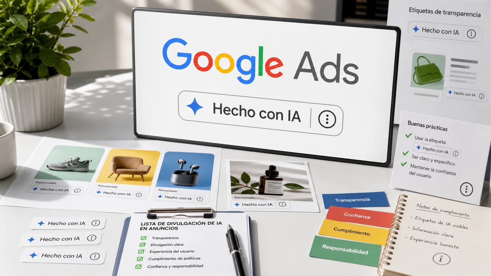 Pantalla editorial de Google Ads con una etiqueta Hecho con IA, tarjetas de producto y notas de cumplimiento para anuncios ecommerce.