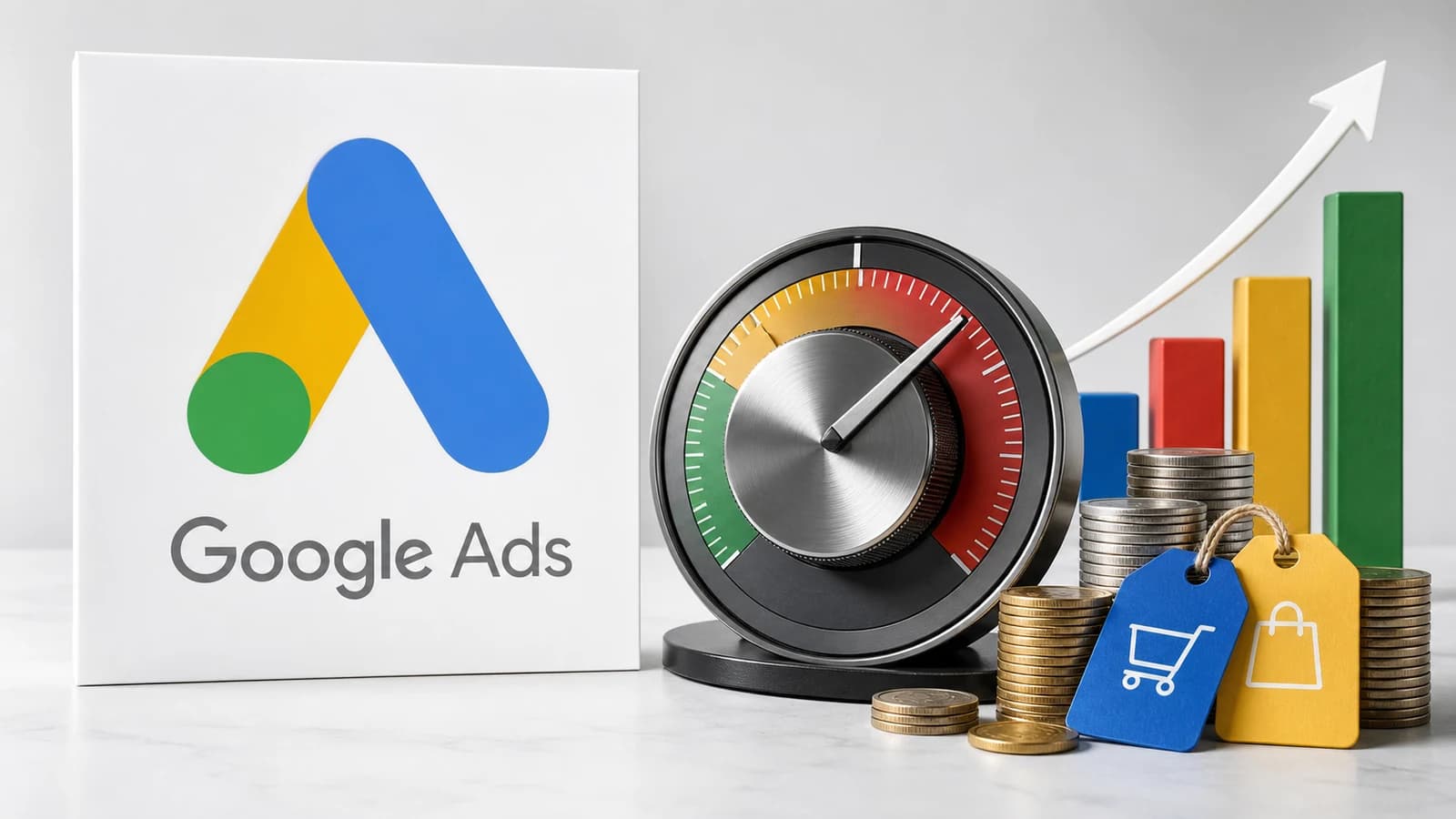Marca Google Ads junto a un dial de puja, monedas, etiquetas de producto y barras de crecimiento para representar presupuesto y ROAS.