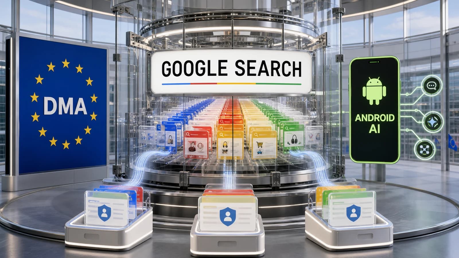Sala editorial de datos con rótulos Google Search, DMA y Android AI, tarjetas de búsqueda anonimizadas y terminales de servicios rivales.