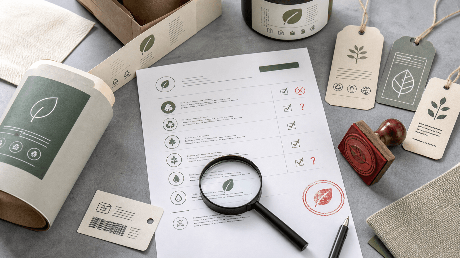 Mesa editorial con etiquetas ambientales, fichas de producto, lupa y sello de revisión para auditar claims verdes en ecommerce.