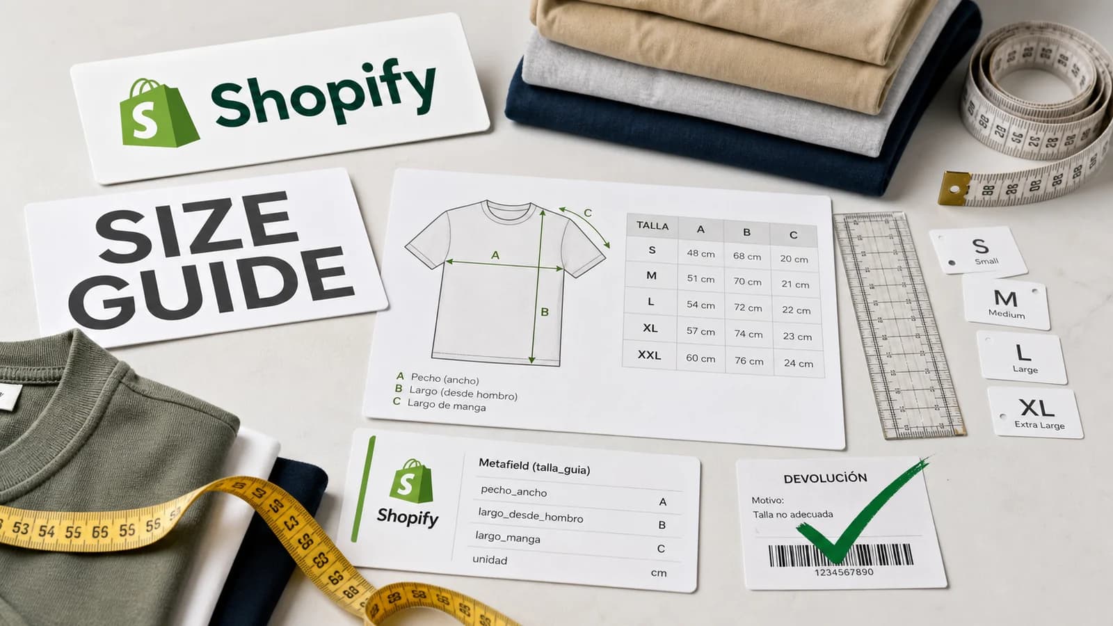 Mesa editorial con rótulo Shopify, tarjeta SIZE GUIDE, guía de medidas, cinta métrica, variantes de talla y etiqueta de devolución para una tienda online.