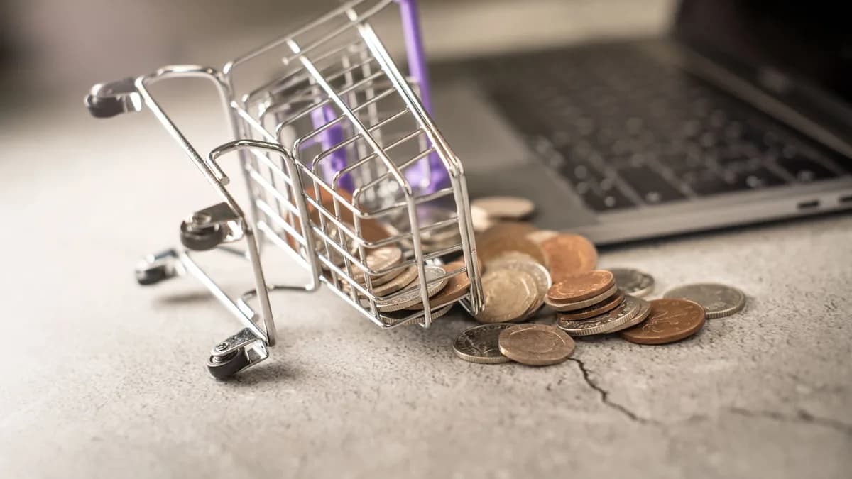Carrito de compra volcado junto a monedas y un portátil, como metáfora de la dependencia de marketplaces y la rentabilidad ecommerce.