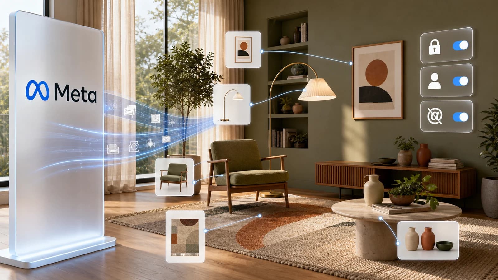 Rótulo luminoso de Meta enviando datos de catálogo hacia un salón con muebles, tarjetas de producto y controles de privacidad abstractos.