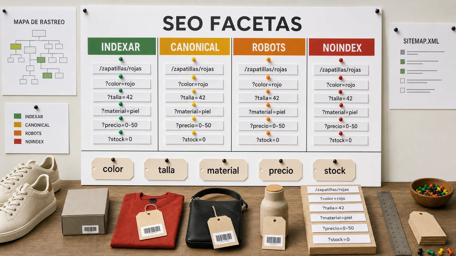 Panel editorial de navegación facetada SEO con carriles INDEXAR, CANONICAL, ROBOTS y NOINDEX para decidir qué filtros ecommerce se publican.