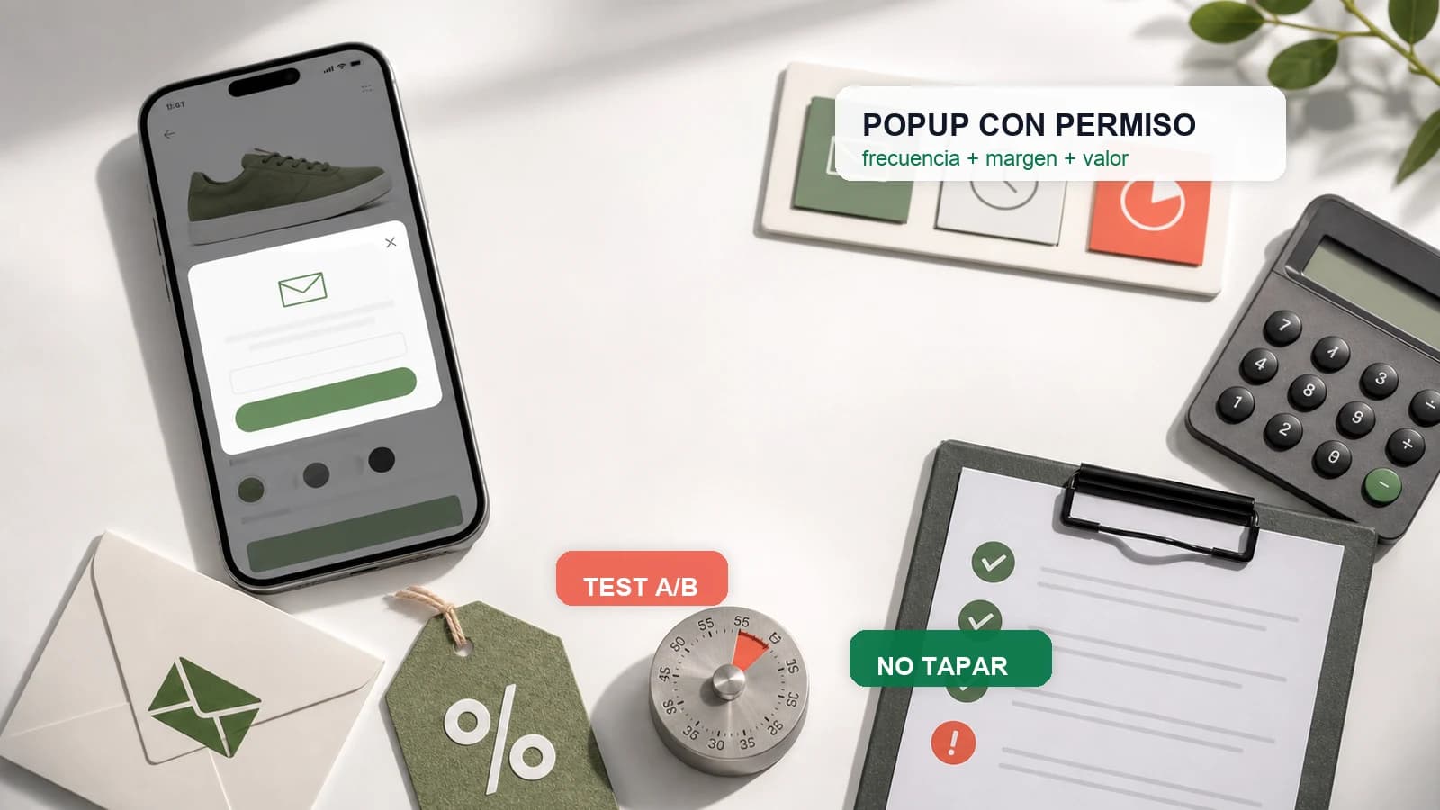 Mesa editorial de popup ecommerce con movil, formulario de newsletter, etiqueta de descuento, temporizador, calculadora de margen y checklist de no tapar la compra.