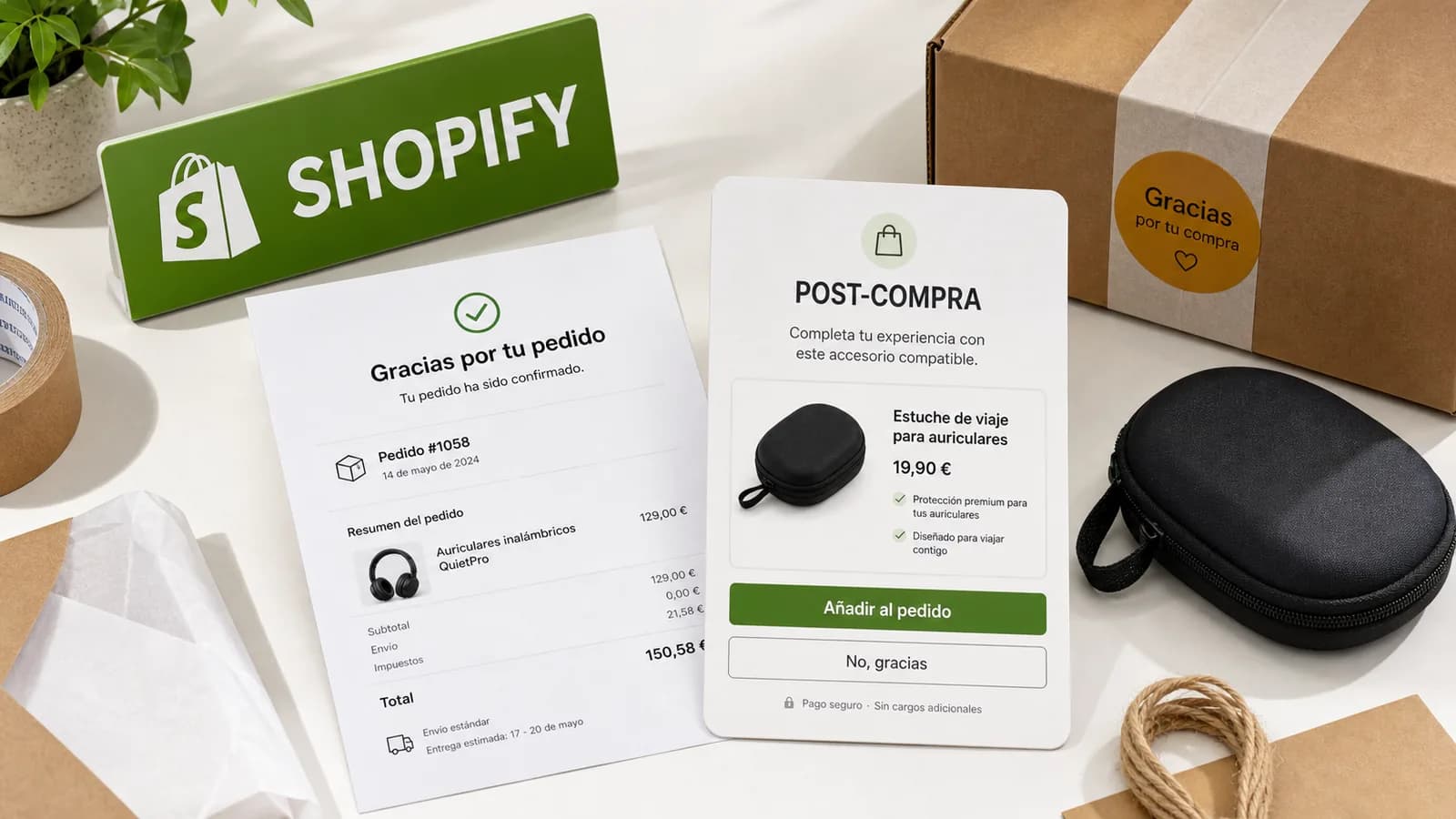 Mesa editorial de upsell post compra en Shopify con recibo confirmado, tarjeta POST-COMPRA, botones Anadir al pedido y No gracias, paquete y accesorio compatible.