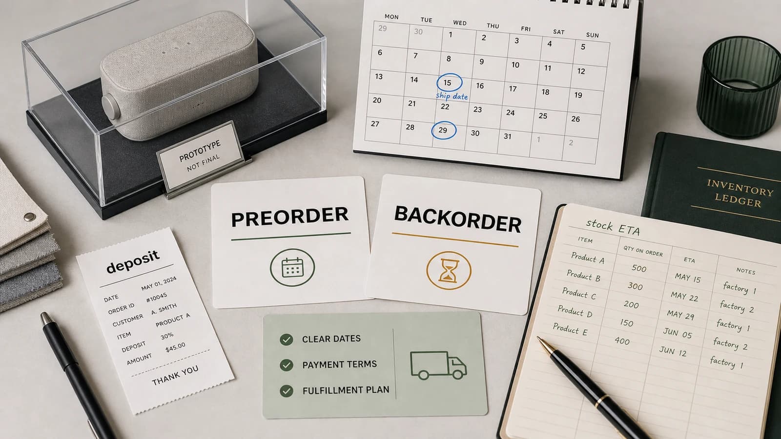 Mesa editorial de preventa ecommerce con tarjetas PREORDER y BACKORDER, calendario de fecha de envio, recibo de deposito y libro de stock ETA.