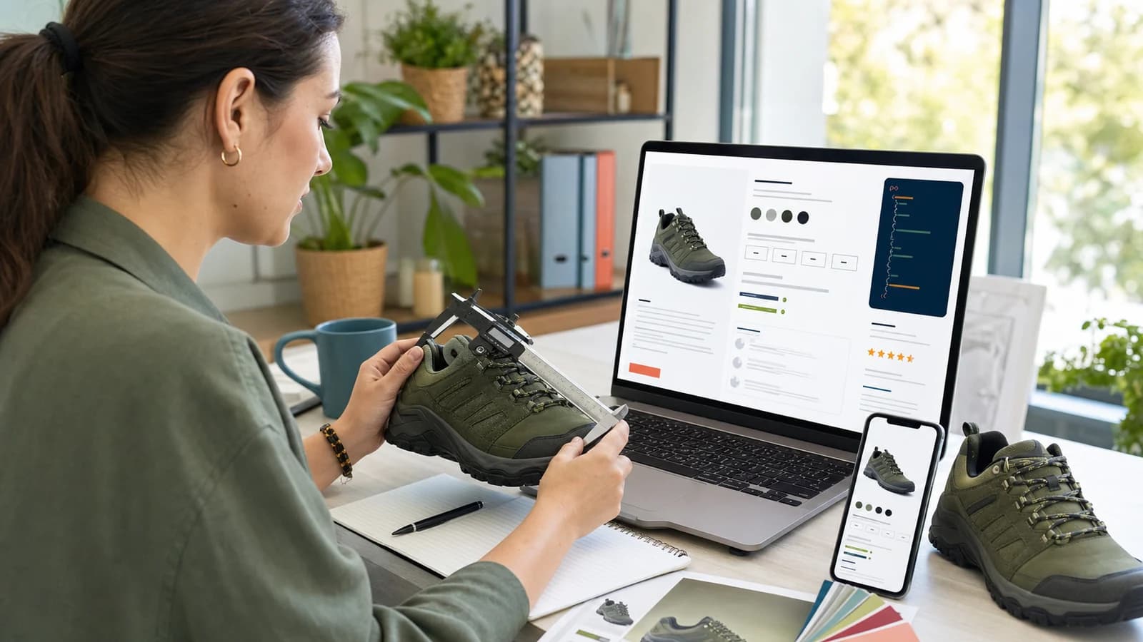Responsable de ecommerce verificando las medidas de un producto frente a su ficha web, datos estructurados y versión móvil.