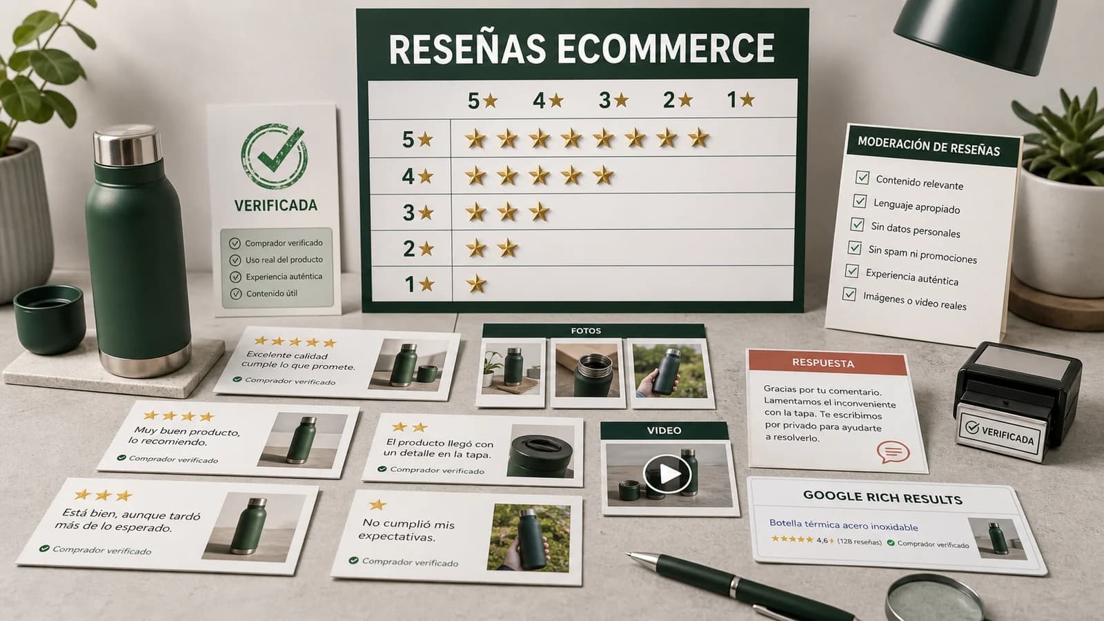 Laboratorio editorial de reseñas ecommerce con tarjetas de compradores verificados, distribucion de estrellas, respuesta a una opinion negativa y modulo Google Rich Results.