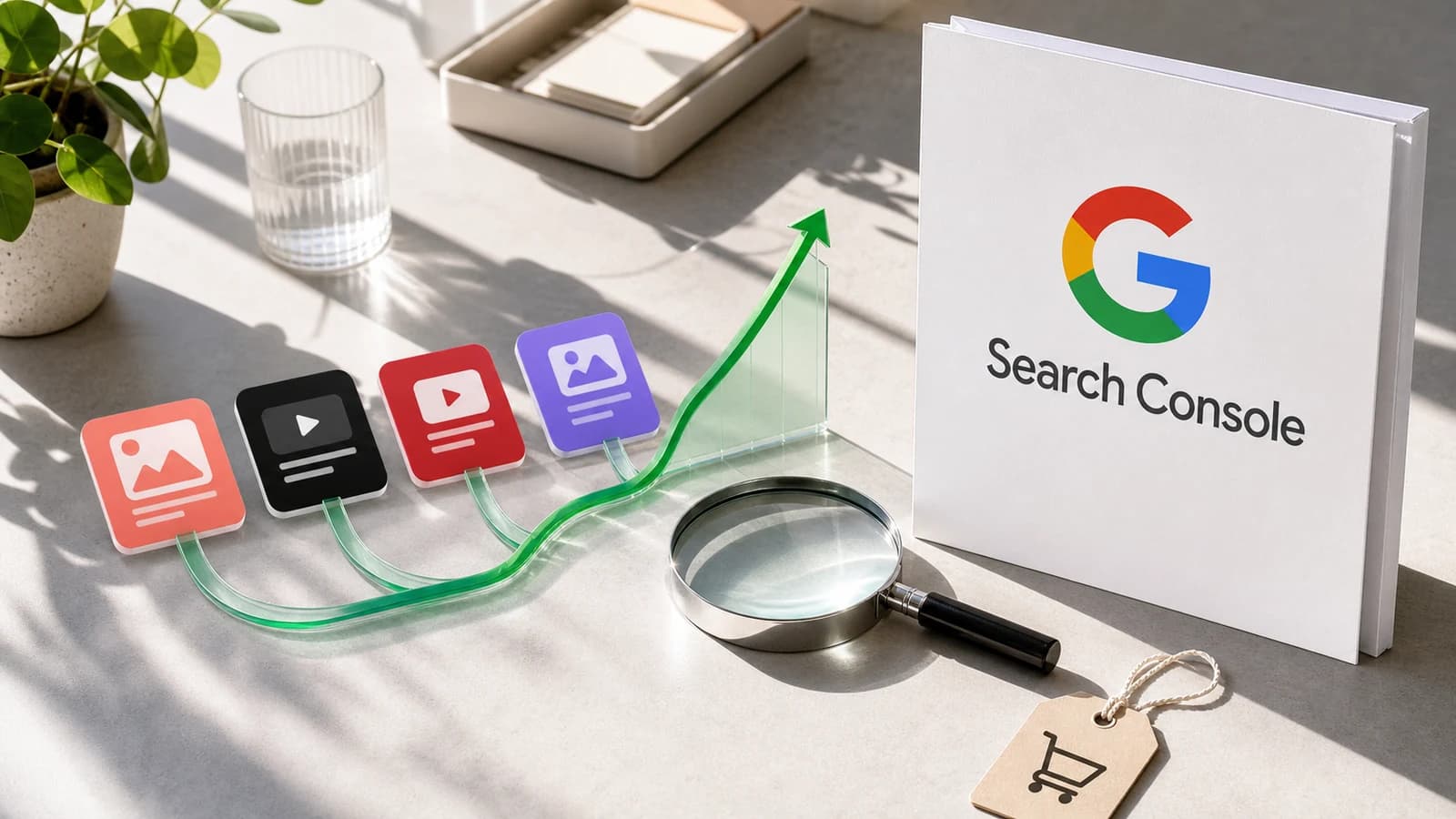 Marca Google Search Console junto a cuatro tarjetas de contenido social conectadas a una curva de rendimiento y una lupa.