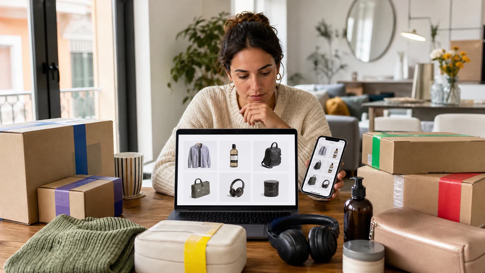 Compradora en España comparando productos online rodeada de paquetes procedentes de distintos comercios europeos.