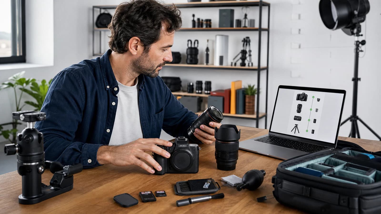 Comprador experto eligiendo una cámara y accesorios compatibles dentro de un catálogo online especializado.