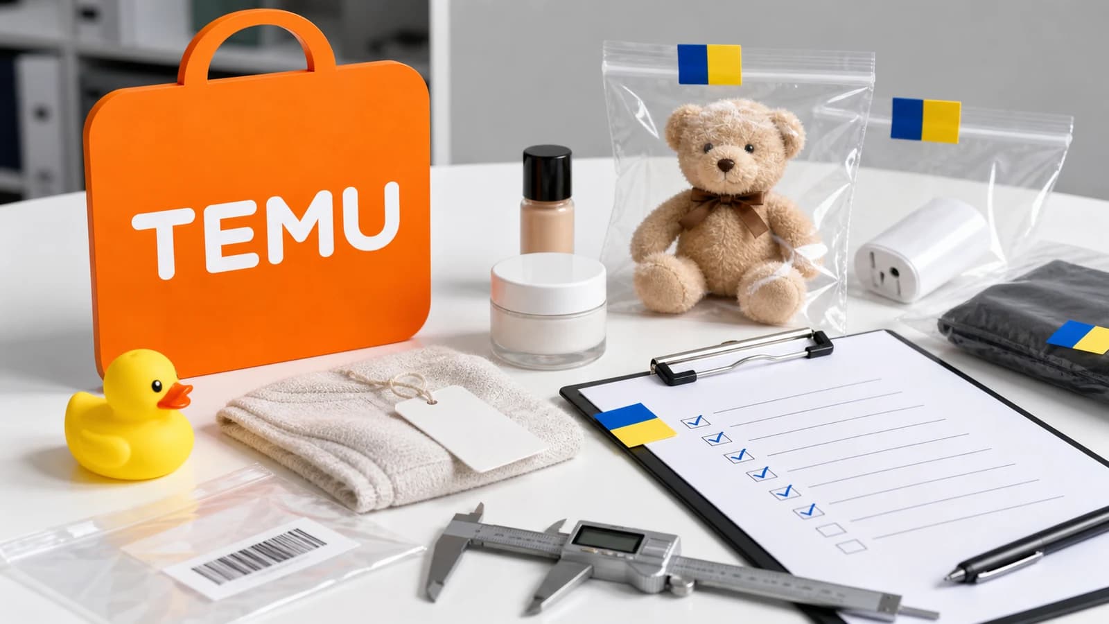 Rótulo naranja de Temu sobre una mesa de inspección con productos anónimos, calibre, etiquetas y checklist de seguridad.