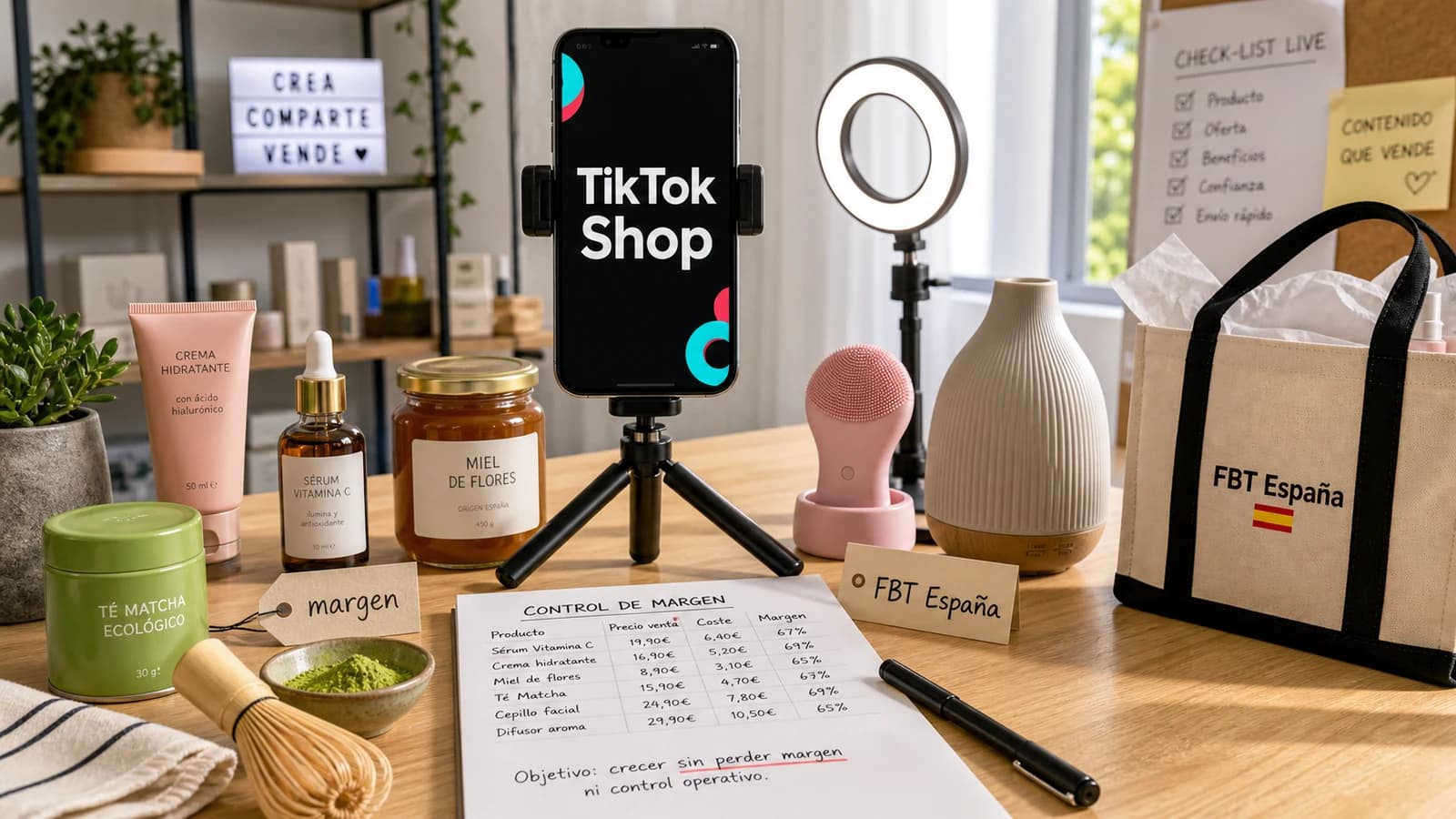 Mesa de live shopping con un móvil mostrando TikTok Shop, productos de ecommerce, etiquetas de margen y una bolsa FBT España.