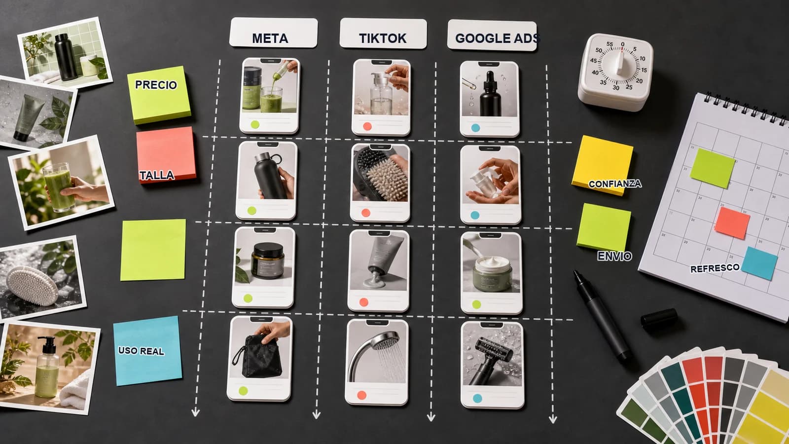 Mesa editorial de UGC ecommerce con tarjetas de creatividades, objeciones de clientes, canales Meta TikTok y Google Ads, calendario de refresco y pruebas de anuncios.