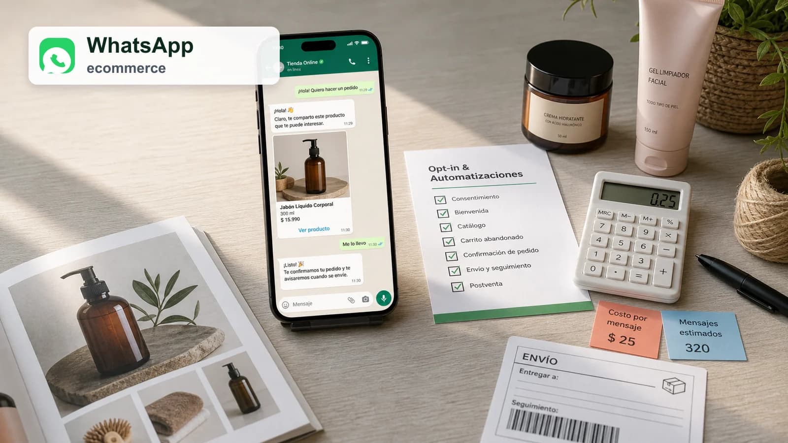 Mesa editorial de WhatsApp ecommerce con movil, catalogo de producto, checklist de opt-in, calculadora de coste por mensaje, envio y seguimiento.