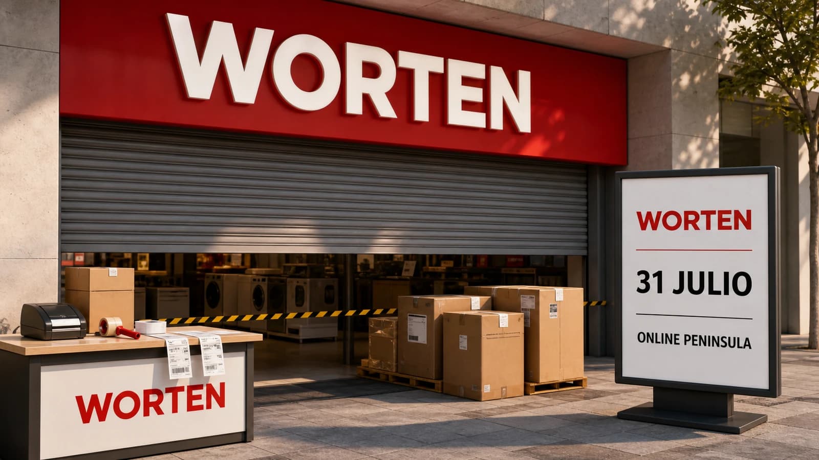 Editorial scene about Worten closing mainland Spain online sales, with marketplace parcels, dates, support tickets and stock notes.