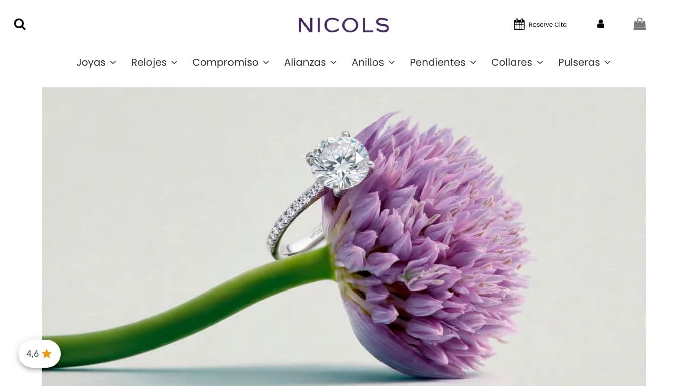 Captura de la home de NICOLS, joyería oficial con anillos de compromiso.