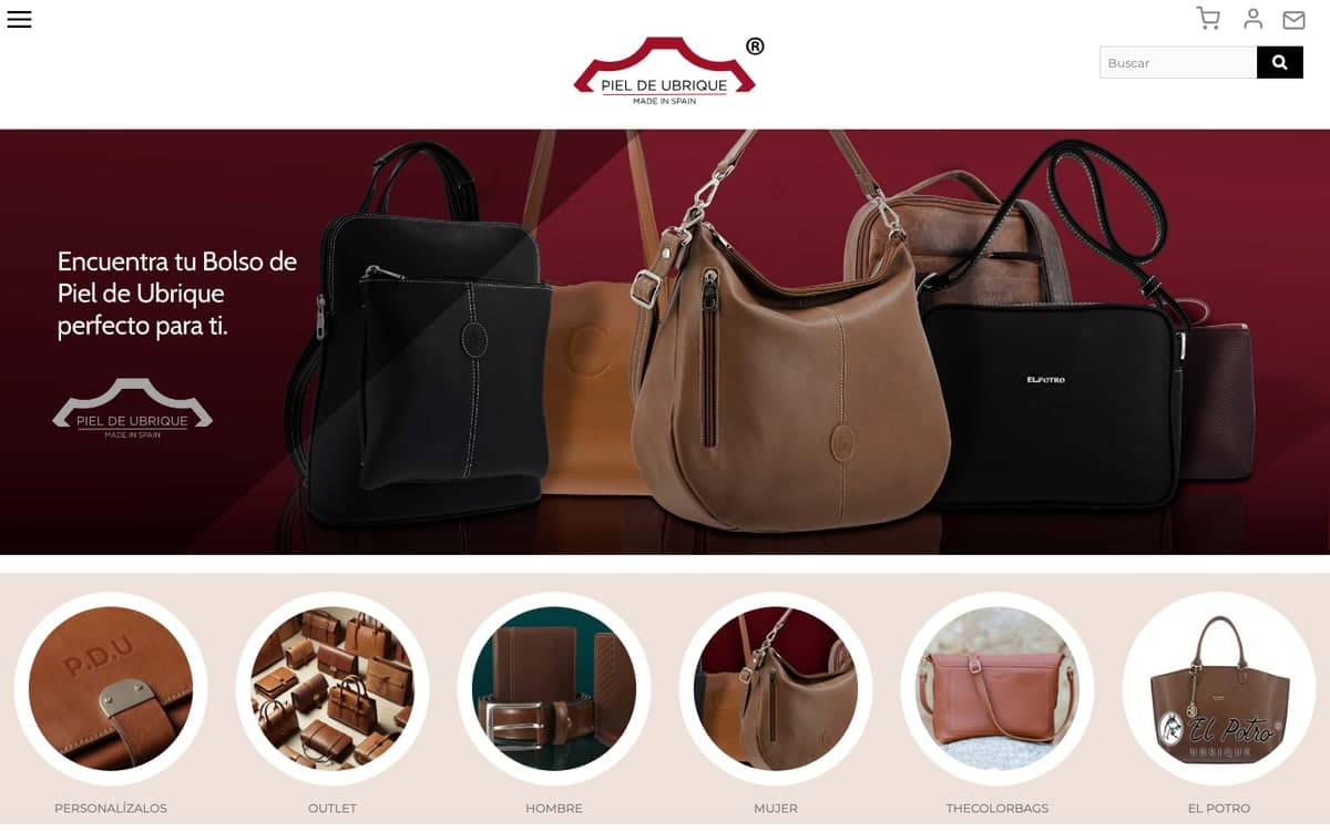 Captura de la home de Piel de Ubrique, tienda oficial de carteras y articulos de piel.