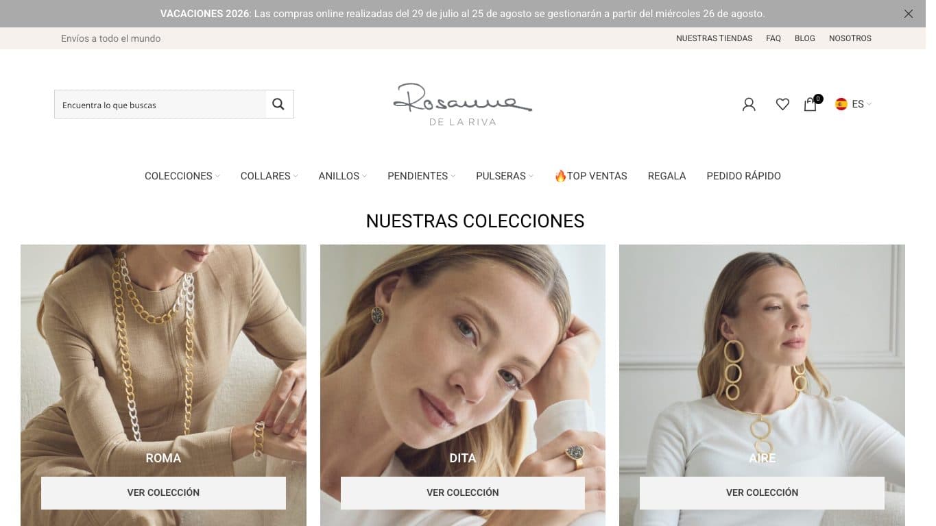 Captura de la home de Rosanna de la Riva, tienda online de collares y joyería artesanal.