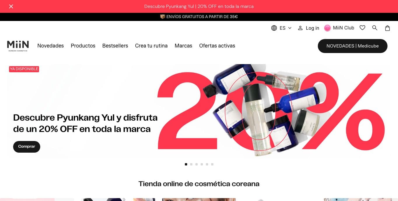 Captura de la home de MiiN Cosmetics, tienda online especializada en cosmética coreana.
