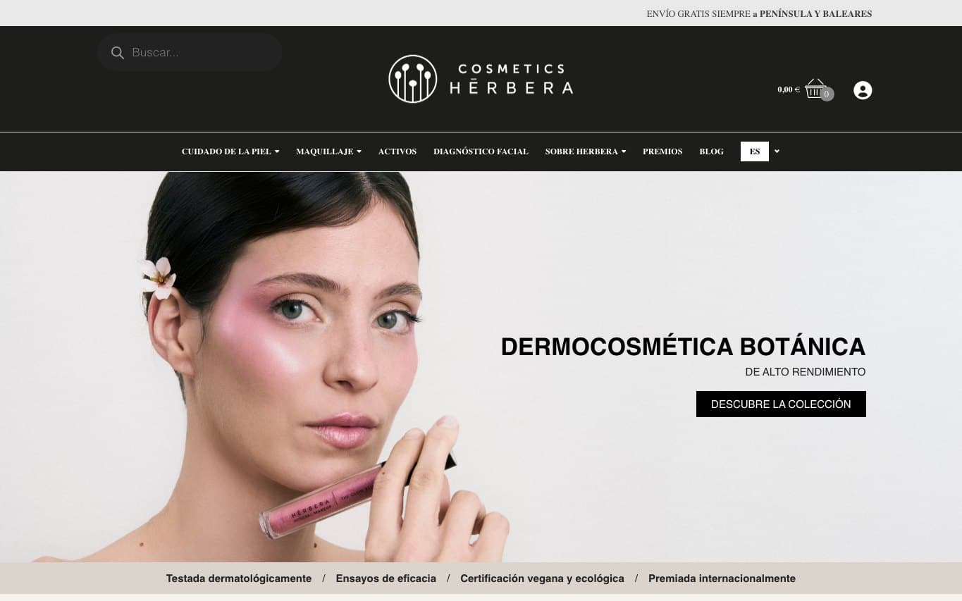 Captura de Herbera, tienda online especialista en dermocosmética botánica y cosmética natural.