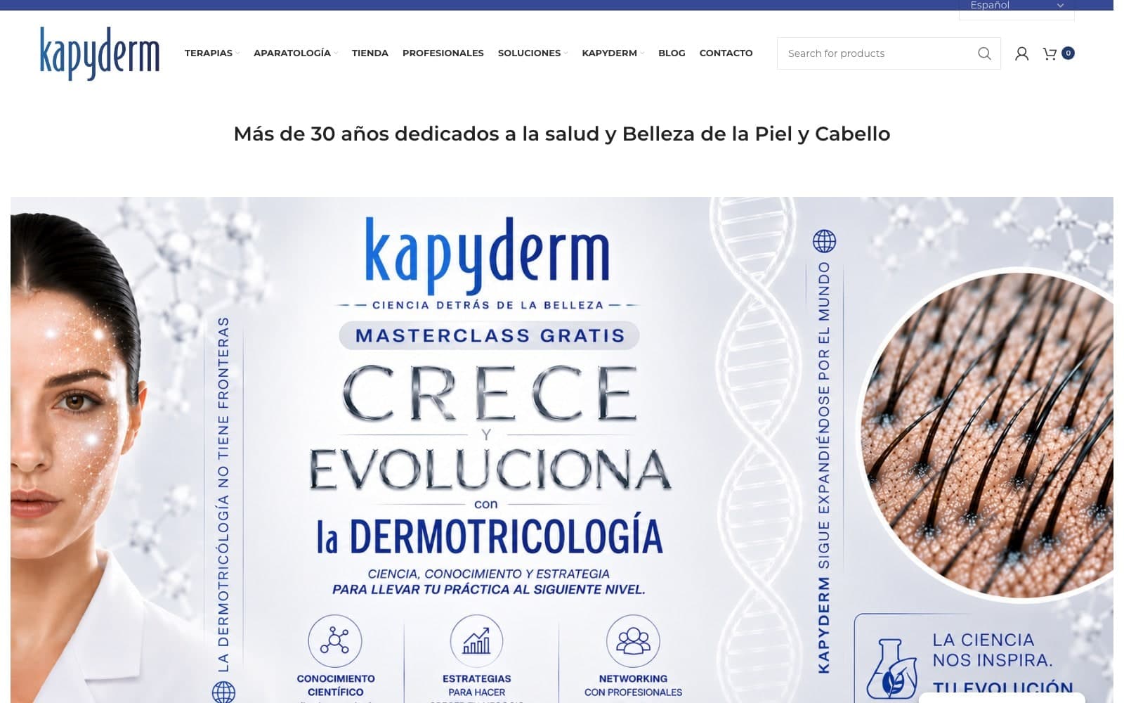 Captura de la web oficial de Kapyderm, especialista en cuidado capilar y dermotricologia.
