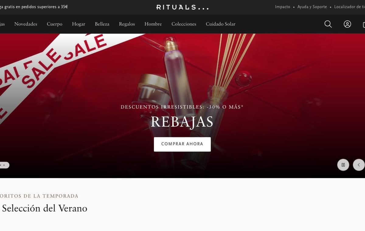 Captura de la home de Rituals, tienda online con seccion de cuidado corporal.