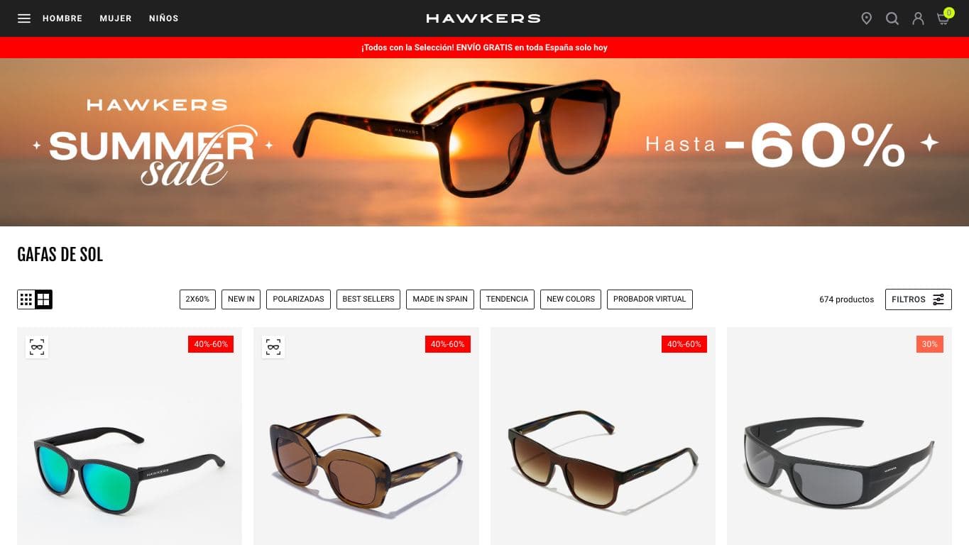 Captura de la home de Hawkers, tienda oficial de gafas de sol.