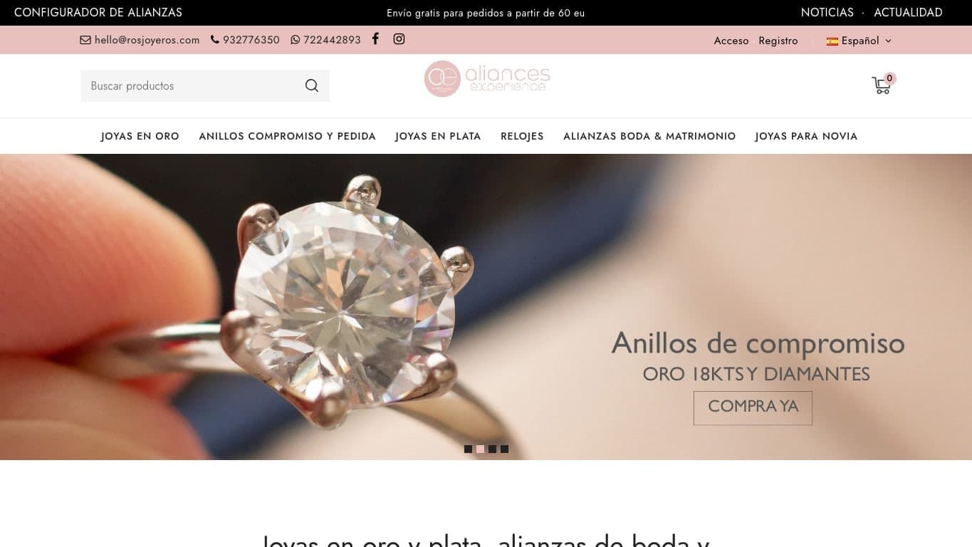 Captura de Ros Joyeros, tienda online especializada en joyas de compromiso, boda y novia.