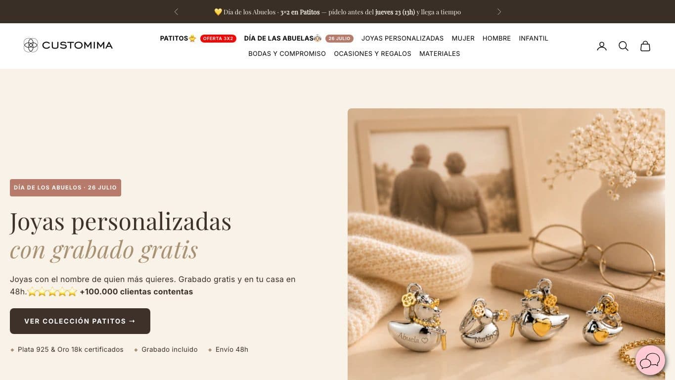 Captura de la home de Customima, tienda oficial de joyas personalizadas.