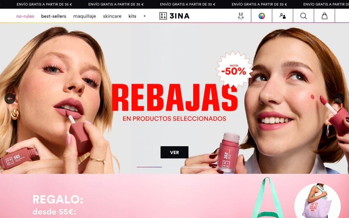 Captura de 3INA, tienda online especialista en maquillaje y color.